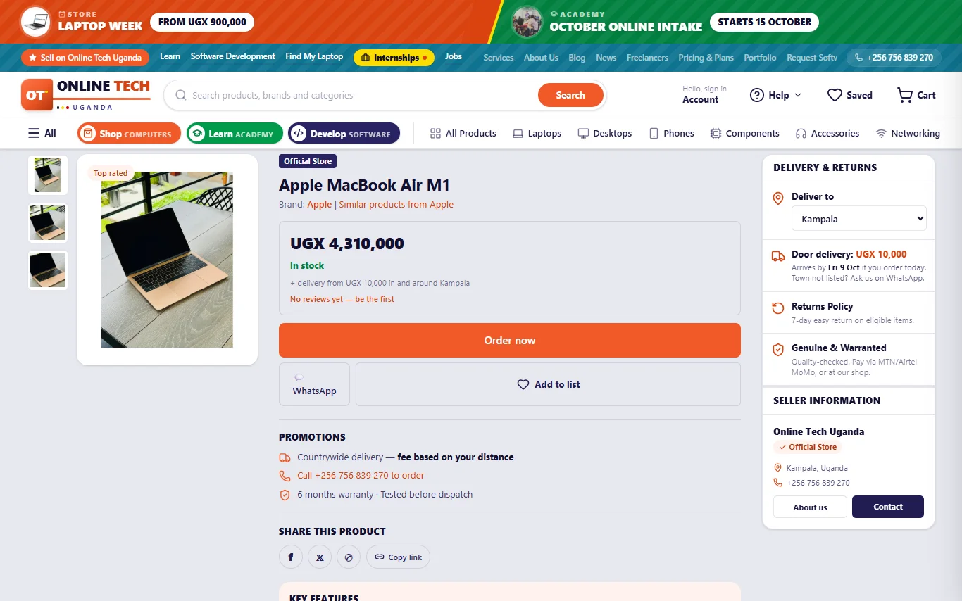 A product page: price, stock, delivery cost to your town, and reviews.